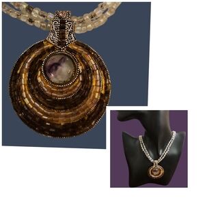 Vtg BEST 1980s Glass Beaded Round Pendant Witchy Necklace